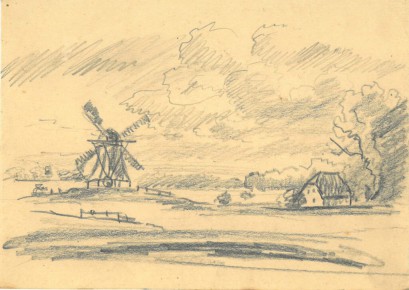 Landschaft mit Mühle und Haus<br>
Bleistift<br>
19,5 x 14 cm