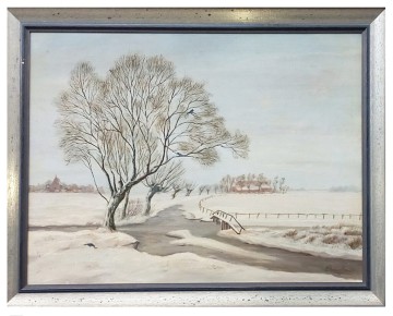 Winterlandschaft<br>
Der Gemäldesammlung WHV gespendet aus Privatbesitz von Ruediger F. Hoffmann<br>
Öl auf Karton. rückseitig verstärkt, <br>sign. r. unten, Eden-Bant, datiert 46<br>
62 x 47 cm