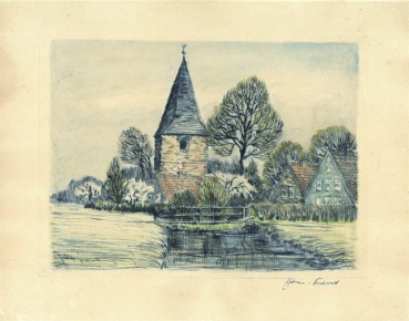 Radierung, coloriert<br>sign. undatiert<br>Platte 21 x 15,5 cm<br>Blatt 28 x 22 cm<br>dazu Skizze 803