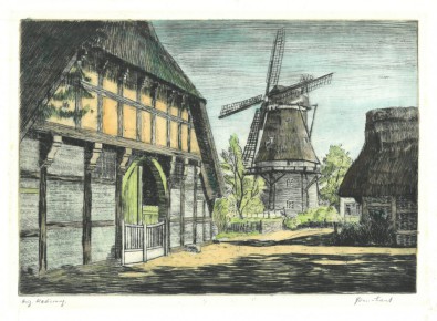 Radierung, sign.undatiert, coloriert, <br>
Platte 32,5 x 22,5 cm, Blatt 36 x 26,5 cm